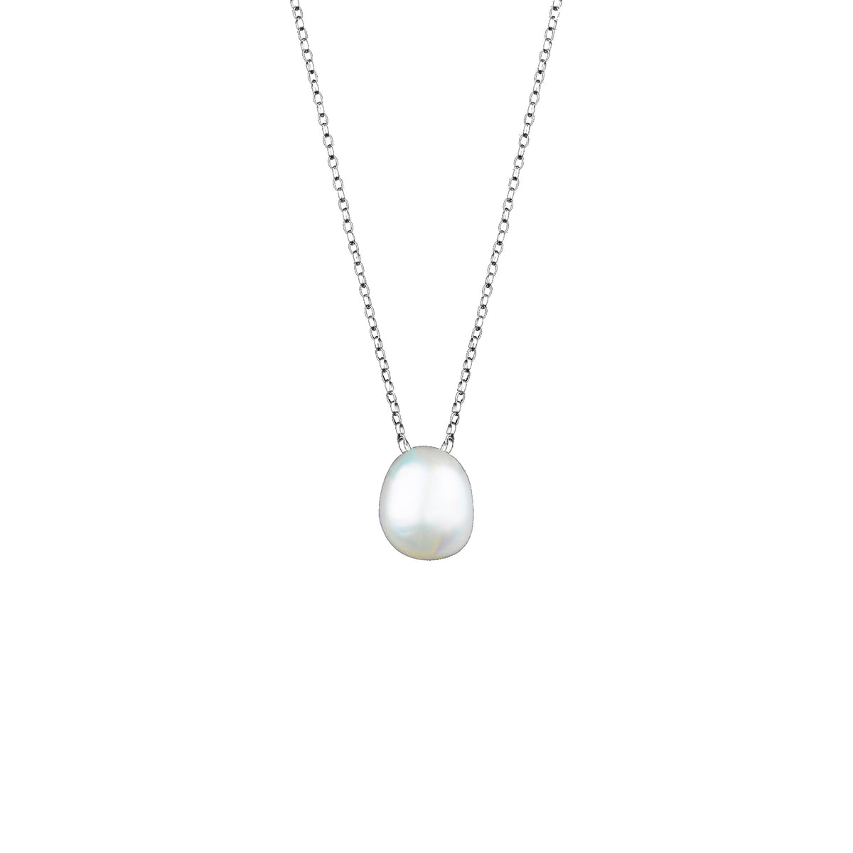 Silver Moonlight Pearl Pendant featuring a white baroque pearl on a delicate silver chain.
