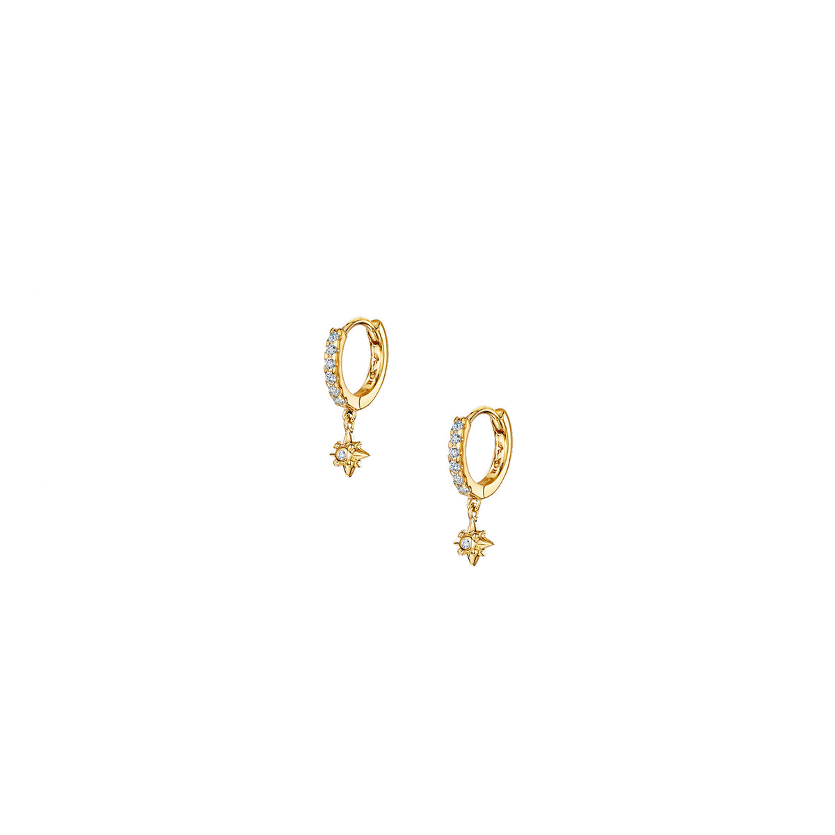 Gold Cosmic Star Glitter Hoops featuring cubic zirconia stones and star pendants for celestial elegance.