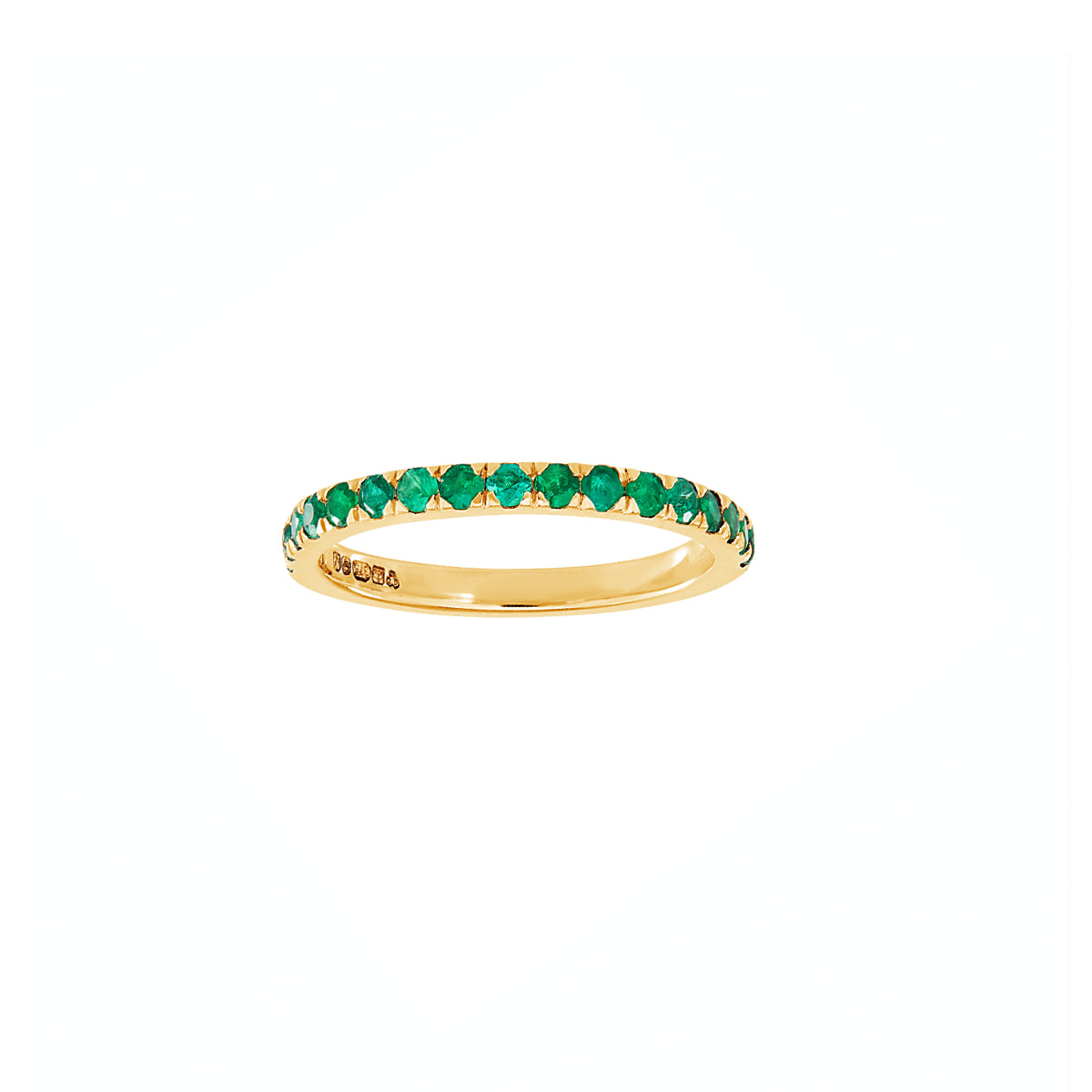 9ct Gold Emerald Eternity Ring featuring vibrant emeralds set in gold, showcasing elegance and contemporary design.