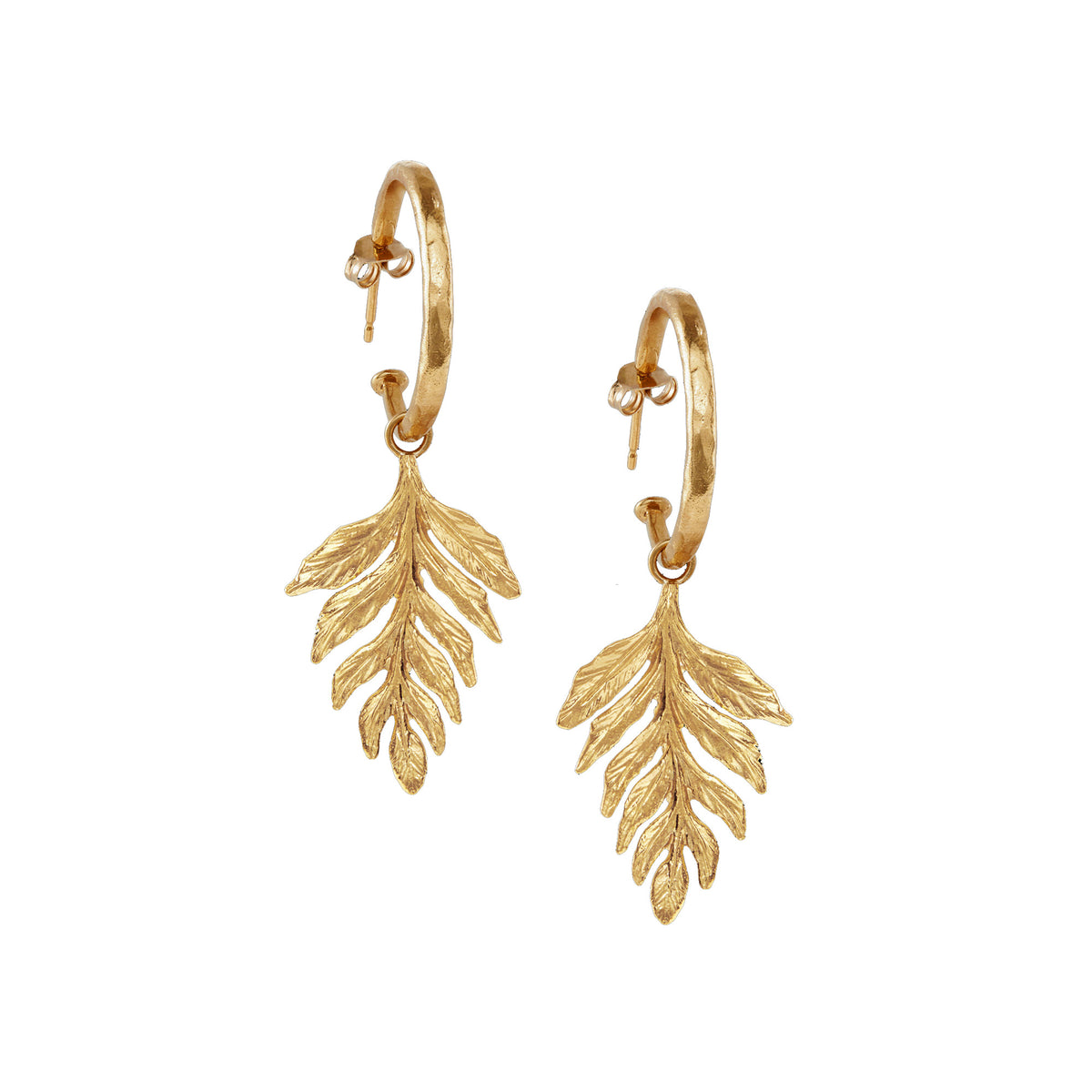 Gold Fern Drop Hammered Hoop Earrings | Zoraida London