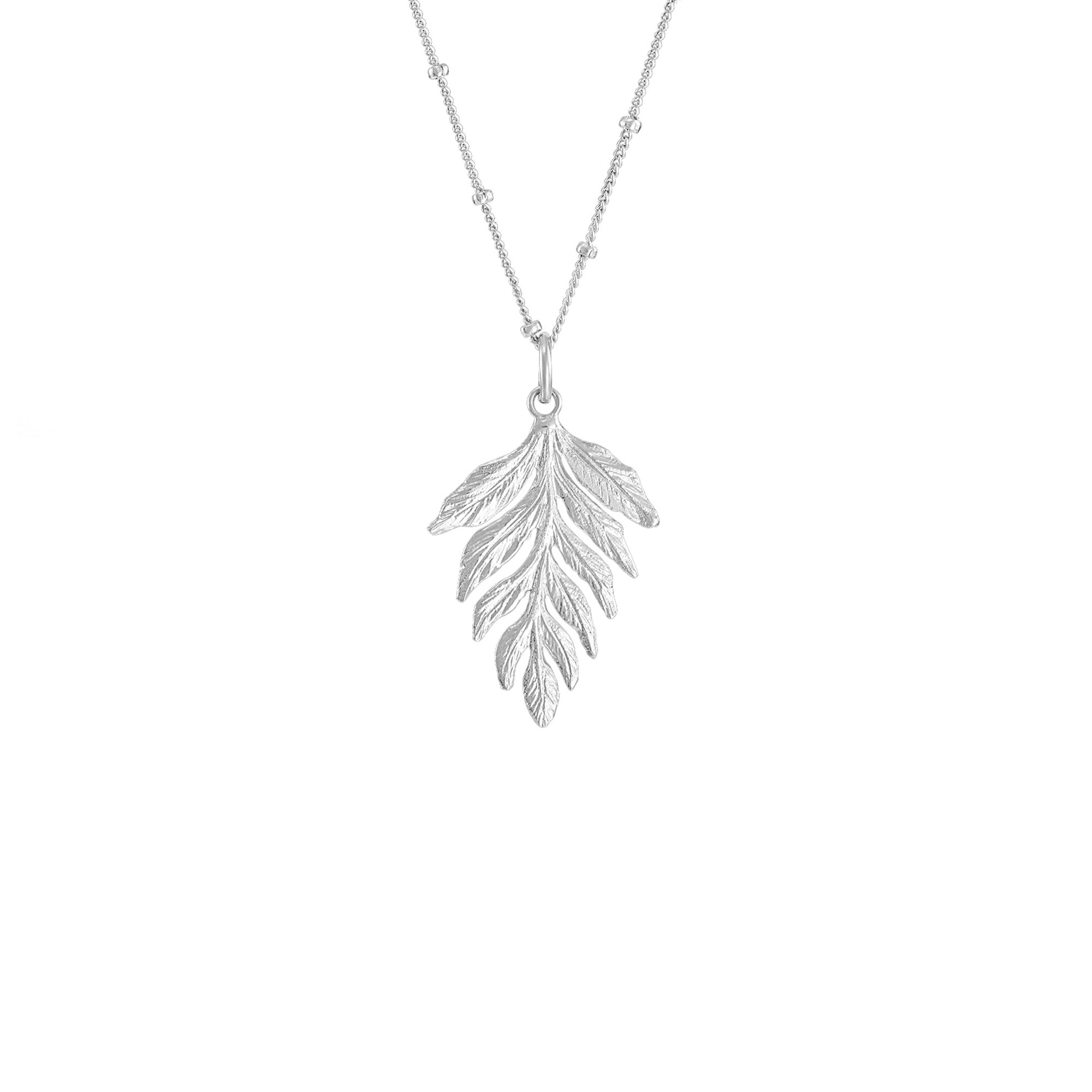 Silver fern leaf drop pendant on chain necklace