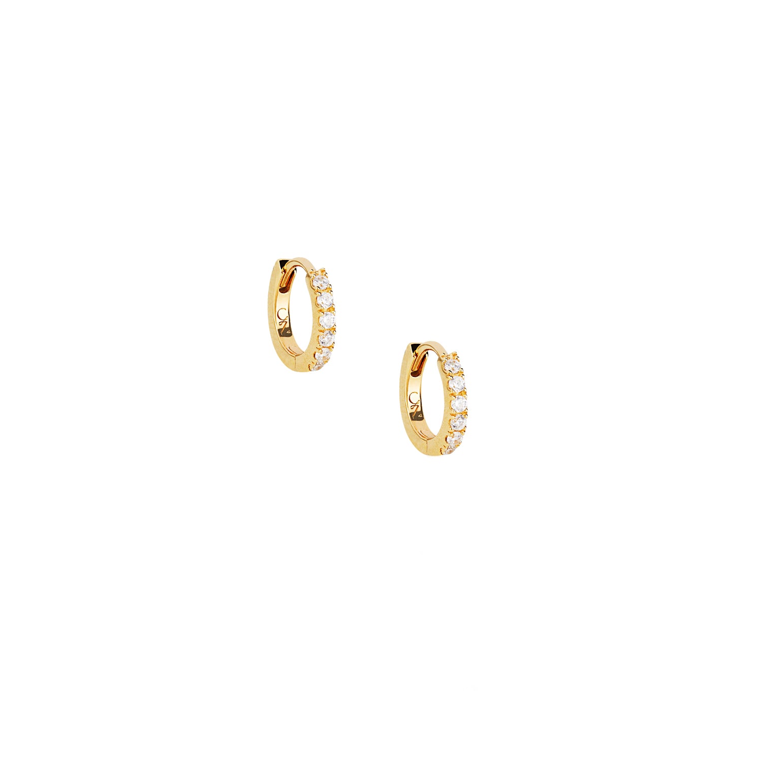 Gold Glitter Huggie Hoop Earrings with sparkling white cubic zirconia, 18ct gold plated silver, elegant and versatile.