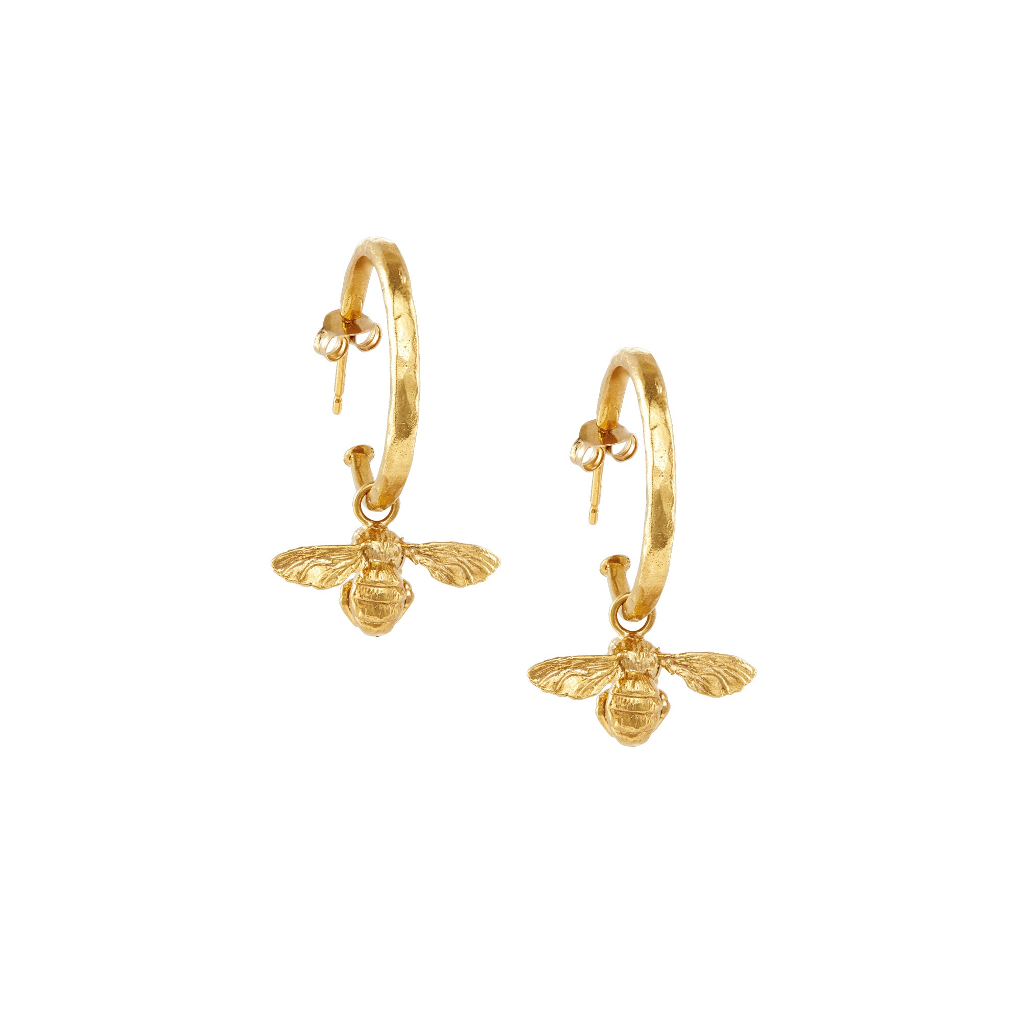 Gold Little Bee Hammered Hoop Earrings featuring a removable bee charm on a stylish hoop design.