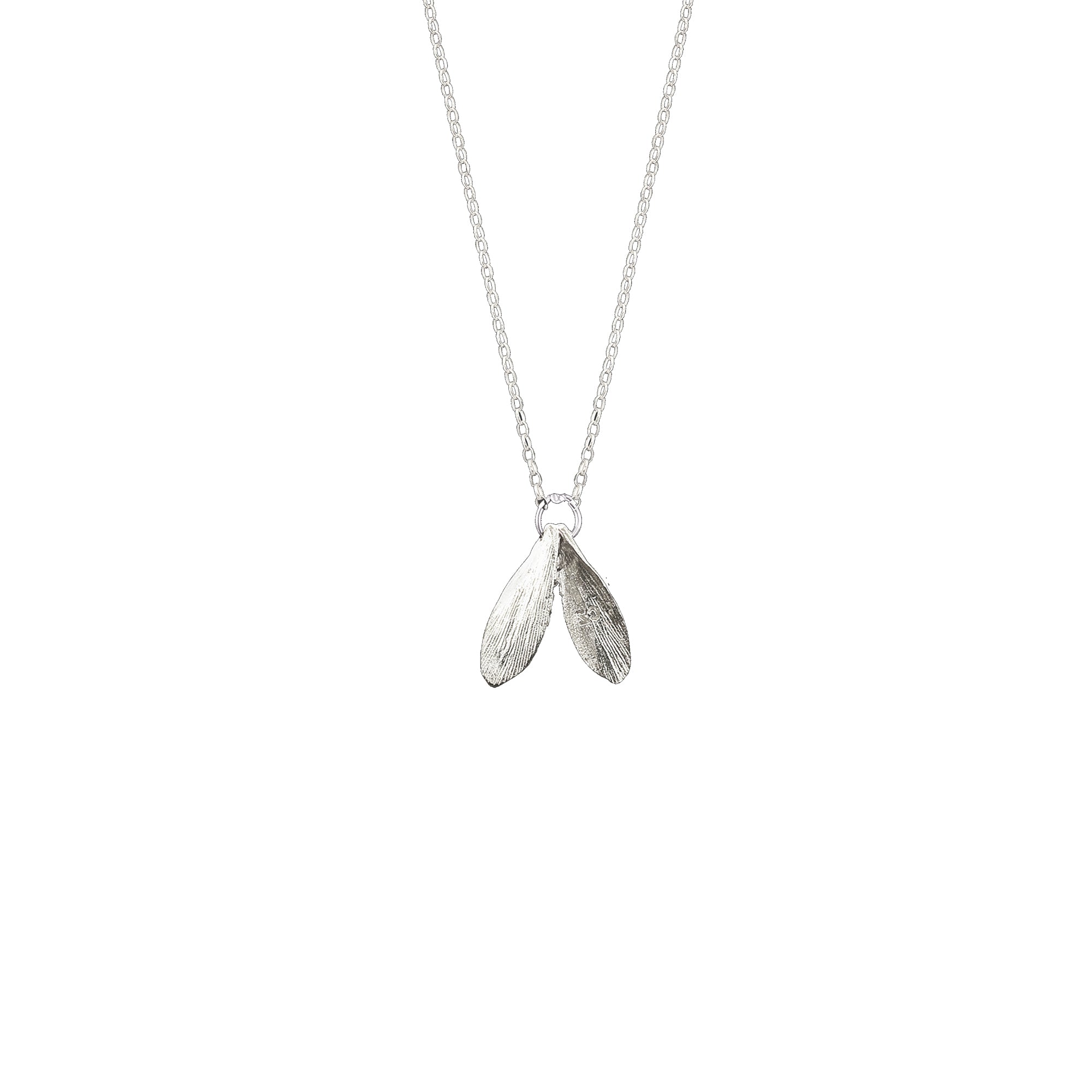 Silver Mini Double Leaf Pendant featuring intricate feather details on a delicate chain.