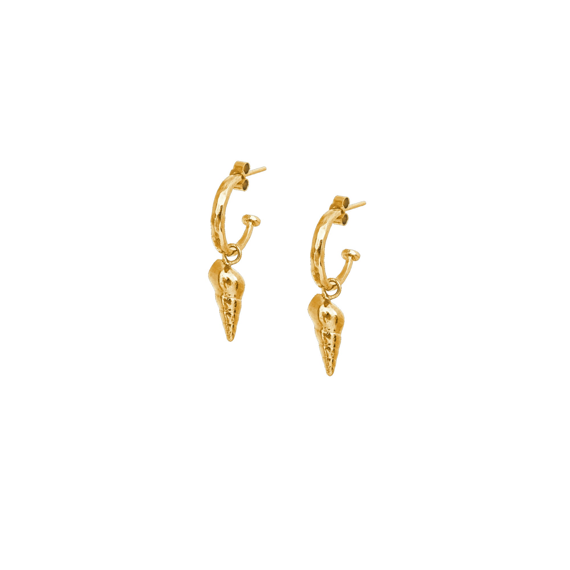 18ct gold plated silver mini spiral shell charm on hammered hoop earrings 