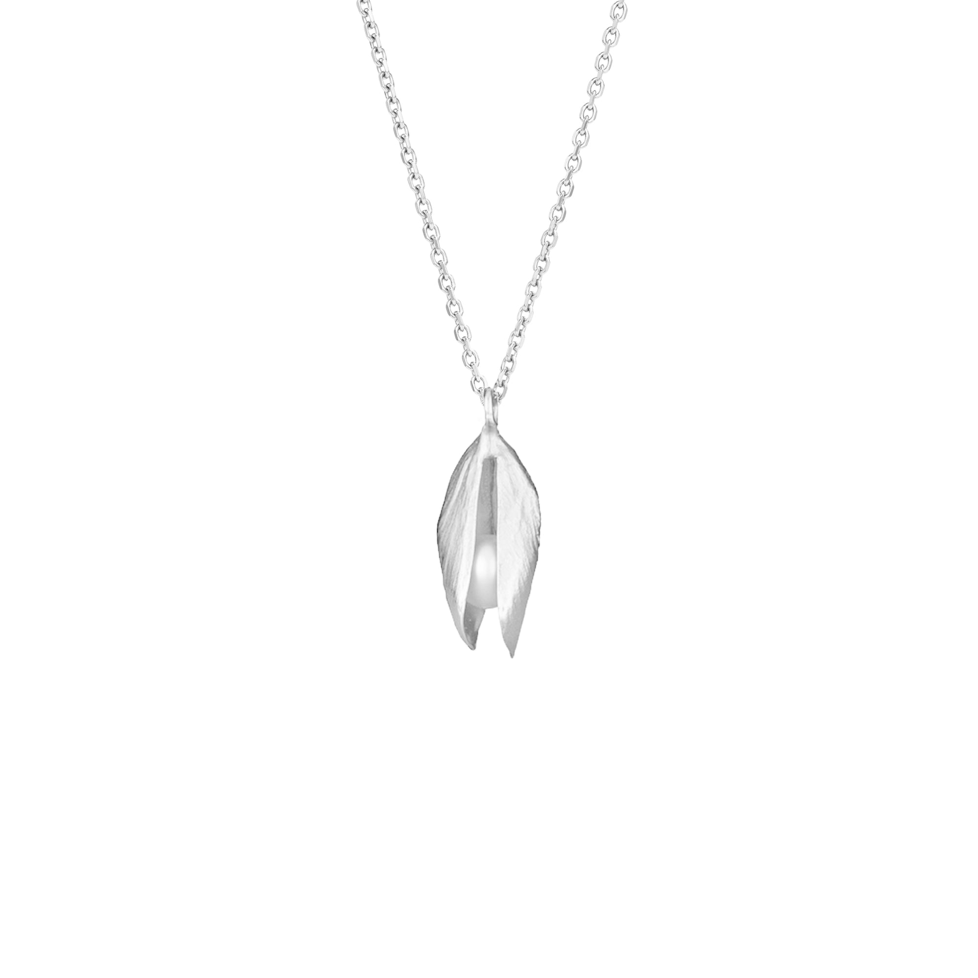 Silver Mussel Shell and Pearl Pendant 28 Inch Chain featuring a lustrous pearl in a mussel shell design.