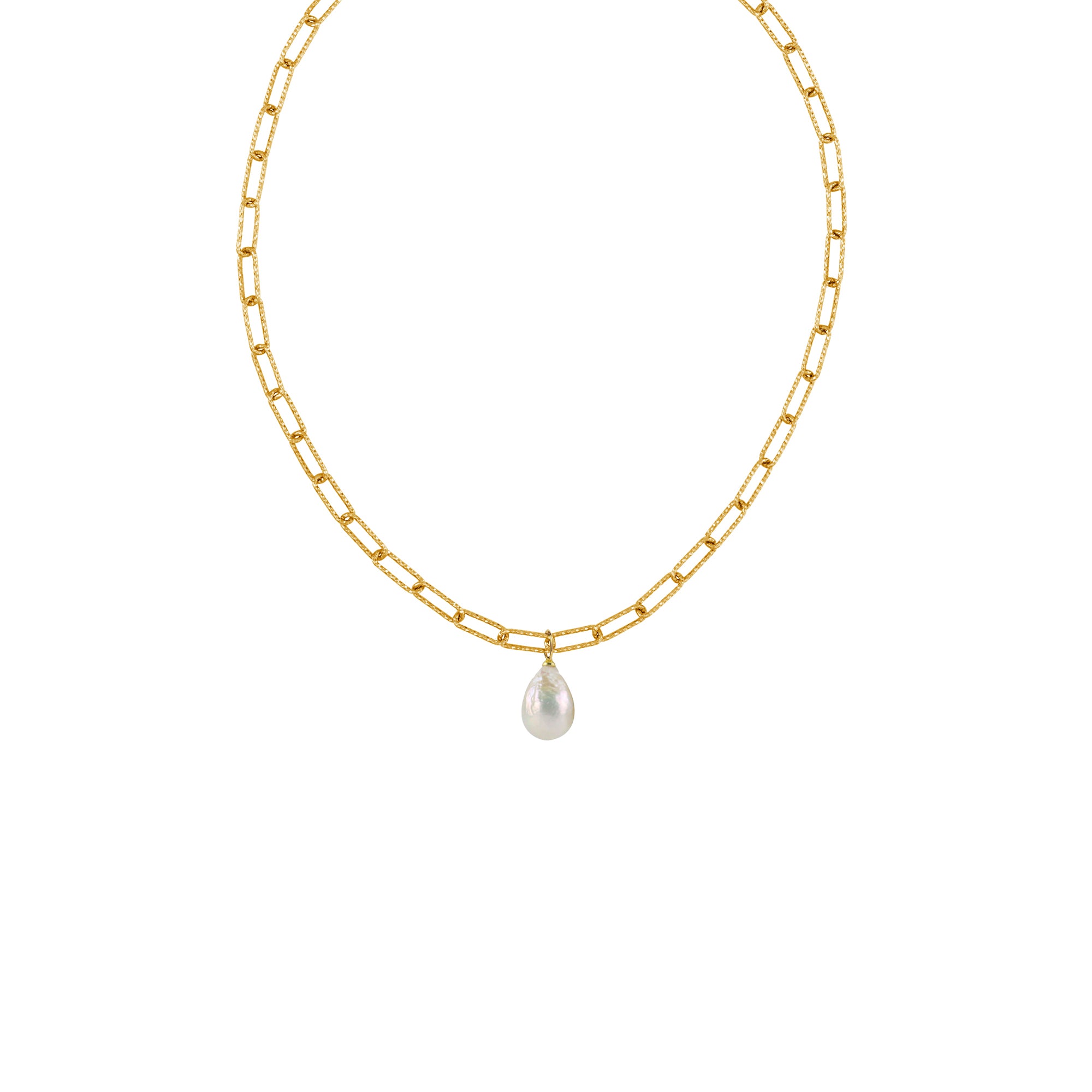 Baroque freshwater pearl drop charm pendant on 18ct gold plated silver paperclip necklace 