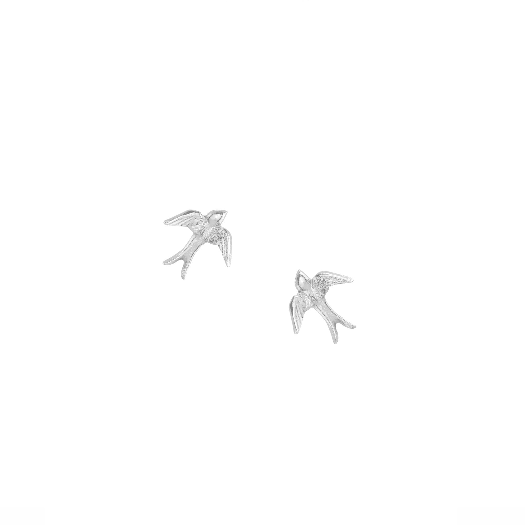 Silver Swallow Stud Earrings featuring intricately designed swallows in flight, symbolizing freedom and migration.