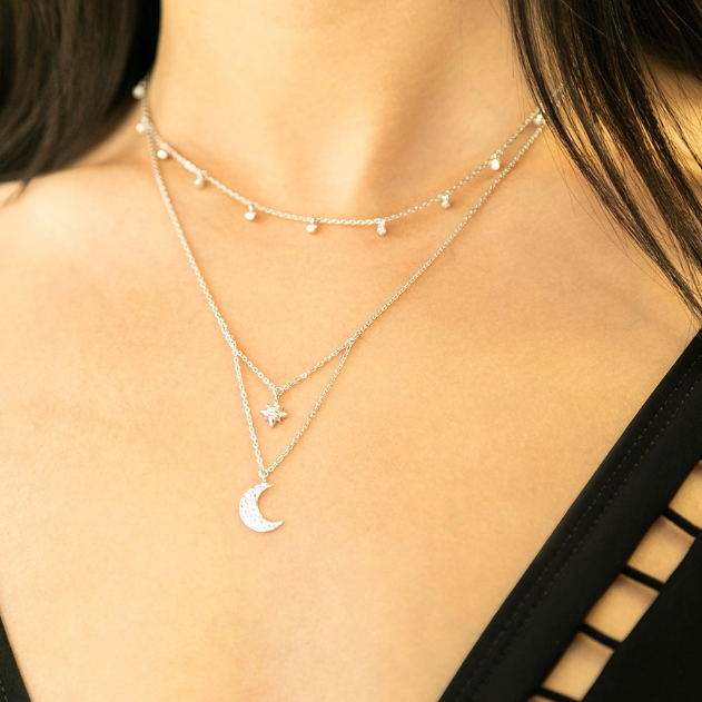 Silver Starry Night Moon and Star Drop Necklace by catherine zoraida