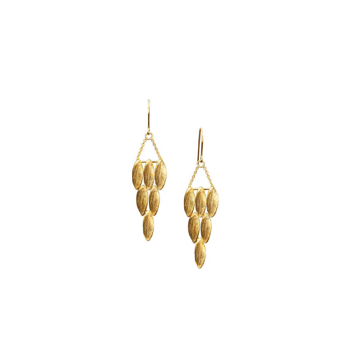 A pair of gold wing earrings with a cascading feathered design in 18ct gold plated sterling silver.